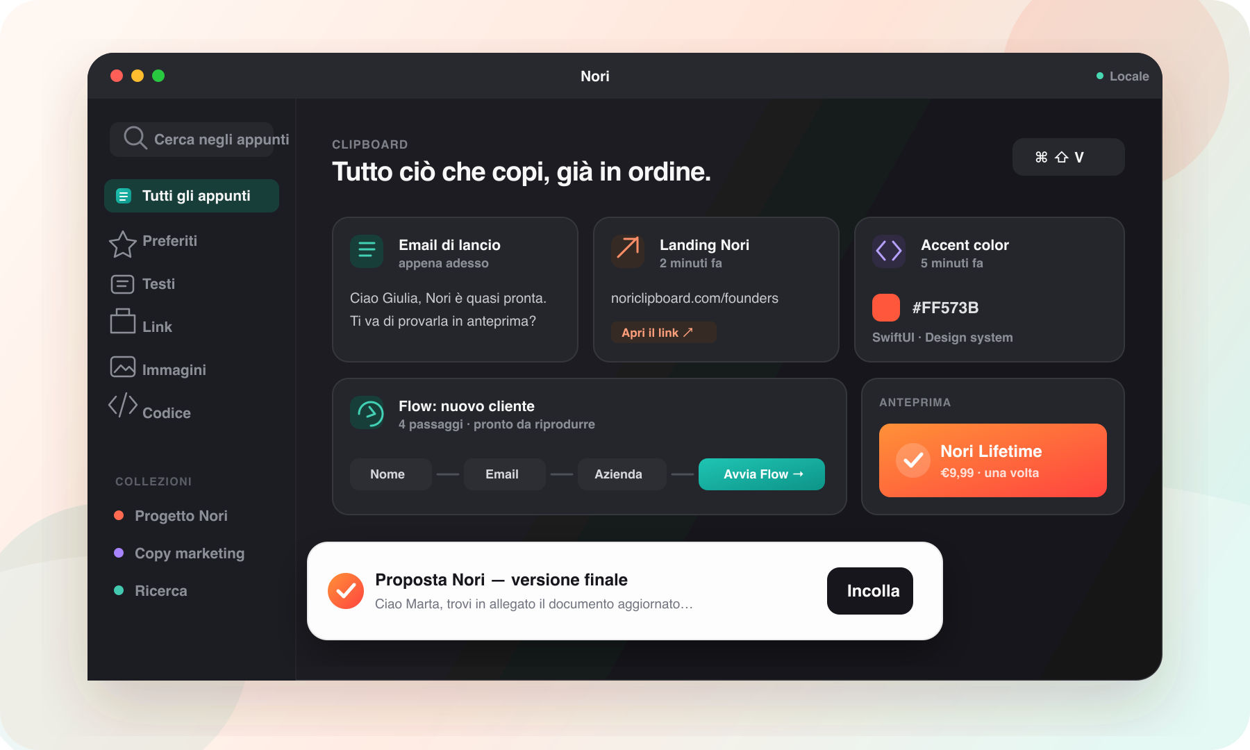Nori su macOS con cronologia appunti, collezioni, ricerca e Quick Paste