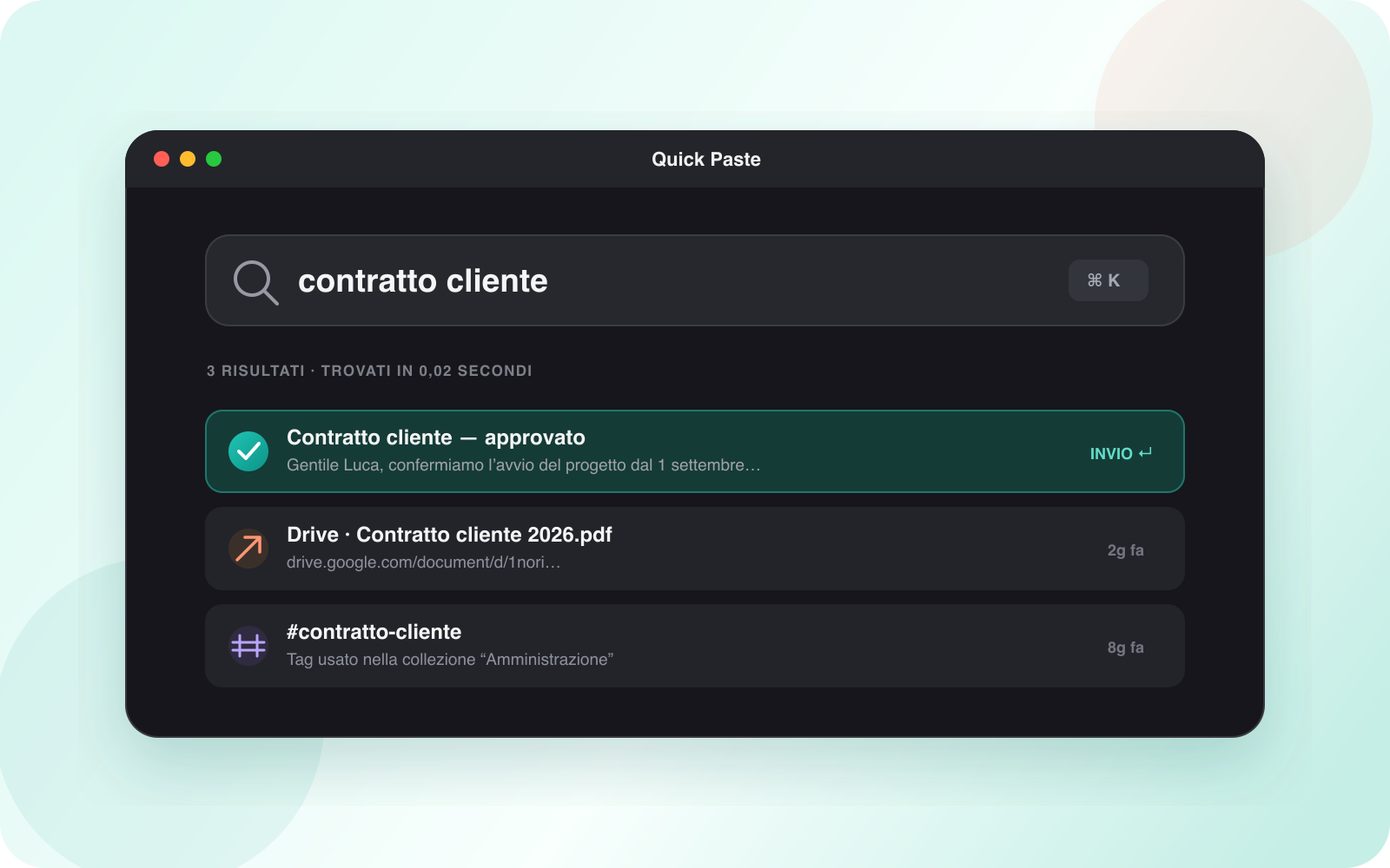 Quick Paste di Nori mentre cerca un appunto nella cronologia del Mac